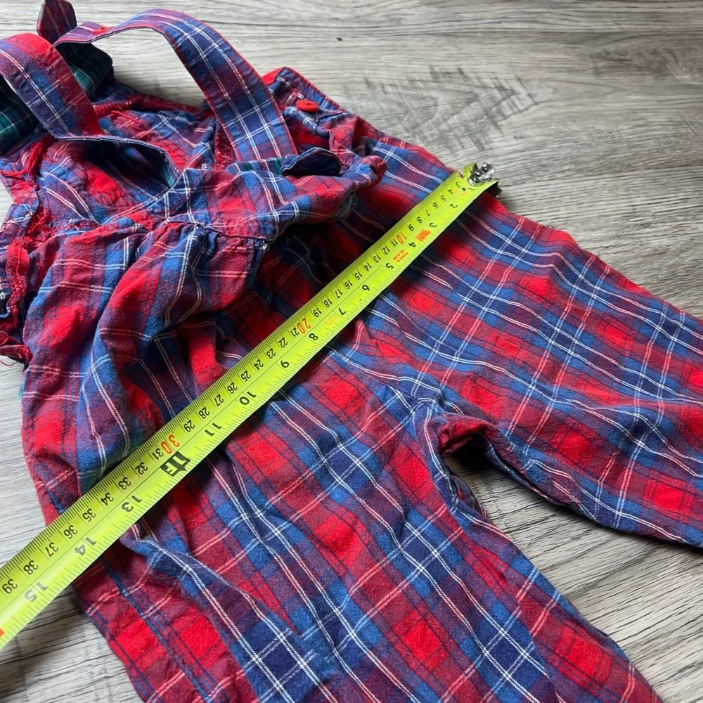OshKosh‎ B'gosh Overalls Toddler 3T Red Blue Plaid Vintage Made in USA Bibs Bow